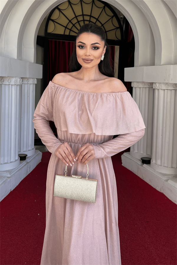 فستان سهرة لامع على التول - لون البودرة