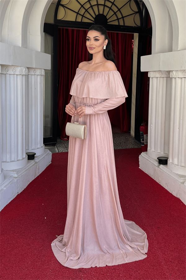 فستان سهرة لامع على التول - لون البودرة