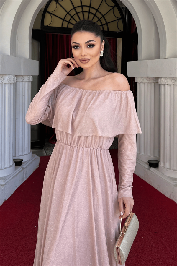 فستان سهرة لامع على التول - لون البودرة