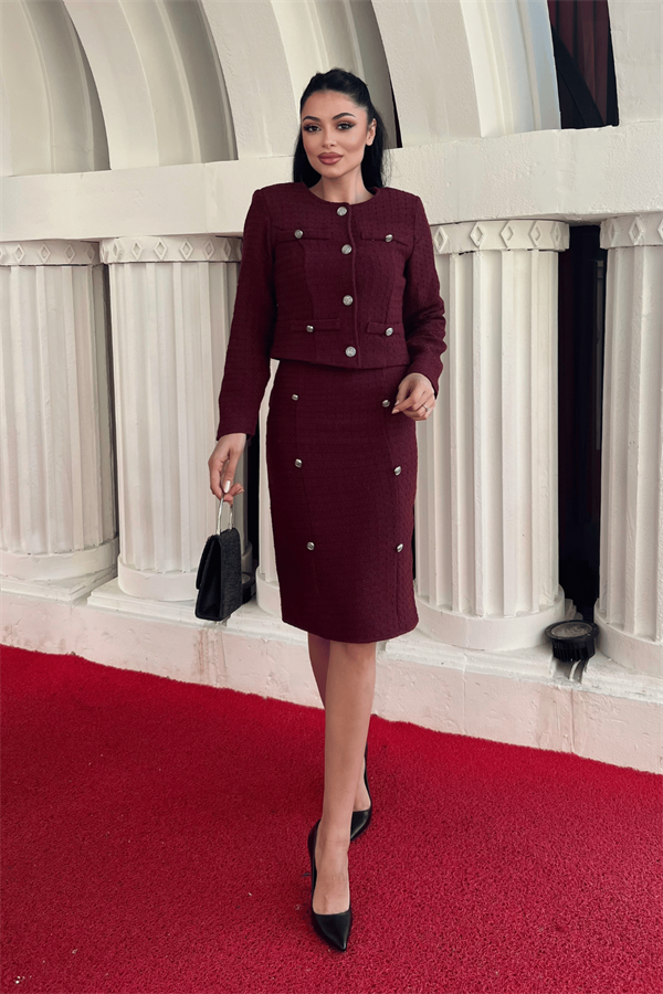 Tüvit Kumaş Bisiklet Yaka Ceket Etek Takım - BORDO