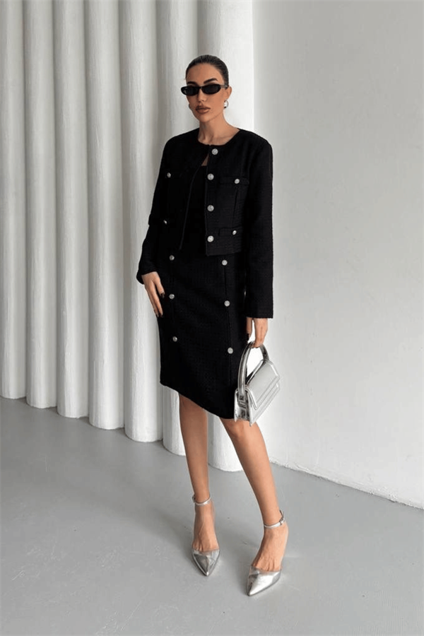 Tüvit Kumaş Bisiklet Yaka Ceket Etek Takım - SİYAH
