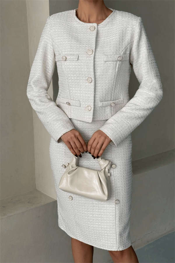 Tüvit Kumaş Bisiklet Yaka Ceket Etek Takım - BEYAZ