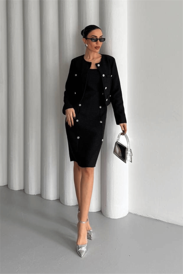 Tüvit Kumaş Bisiklet Yaka Ceket Etek Takım - SİYAH