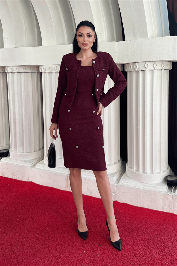 Tüvit Kumaş Bisiklet Yaka Ceket Etek Takım - BORDO