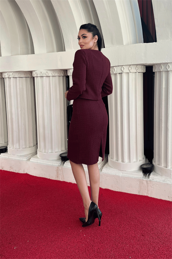 Tüvit Kumaş Bisiklet Yaka Ceket Etek Takım - BORDO