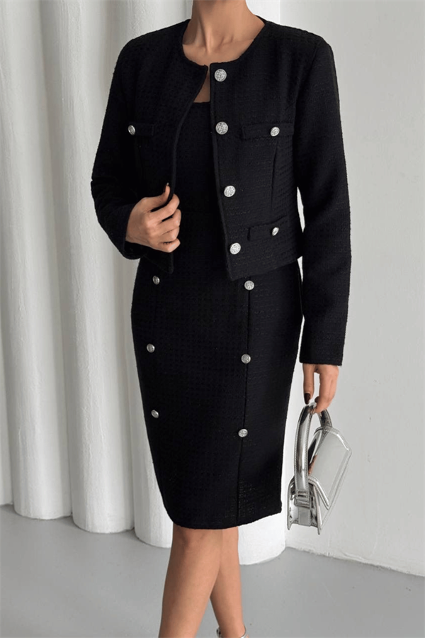 Tüvit Kumaş Bisiklet Yaka Ceket Etek Takım - SİYAH