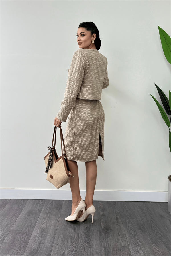 Tüvit Kumaş Bisiklet Yaka Ceket Etek Takım - BEJ