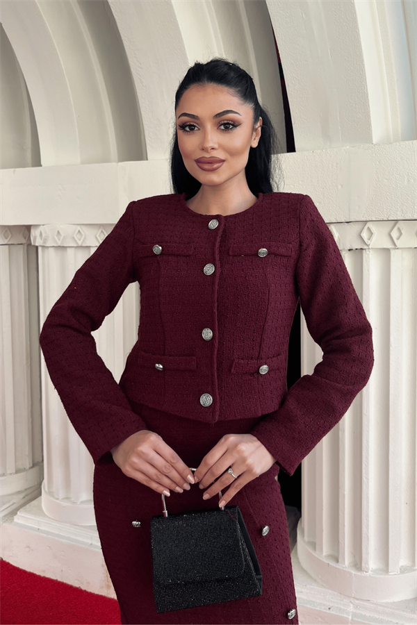 Tüvit Kumaş Bisiklet Yaka Ceket Etek Takım - BORDO