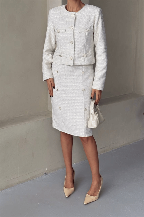 Tüvit Kumaş Bisiklet Yaka Ceket Etek Takım - BEYAZ