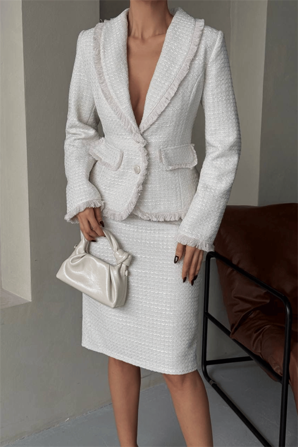 Tüvit Kumaş Etek Ceket Takım - BEYAZ