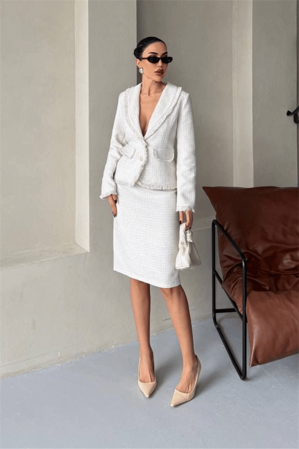 Tüvit Kumaş Etek Ceket Takım - BEYAZ