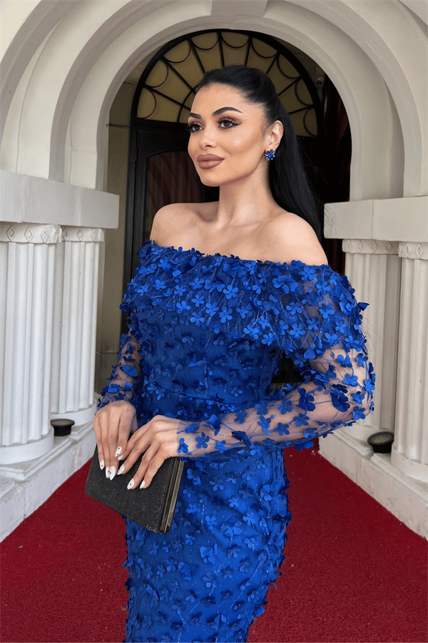 Üç Boyut Çiçekli Kumaş Kayık Yaka Kalem Elbise - SAKS MAVİ