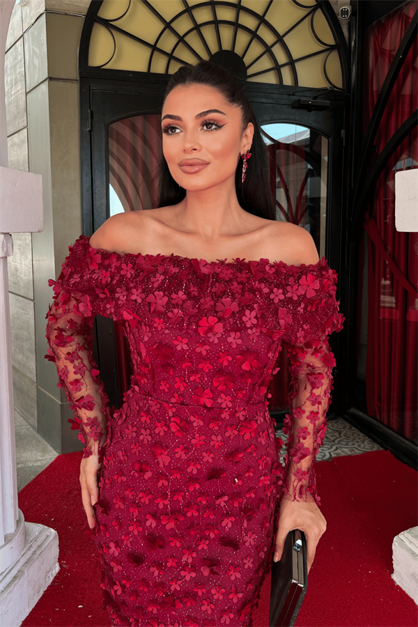 Üç Boyut Çiçekli Kumaş Kayık Yaka Kalem Elbise - BORDO