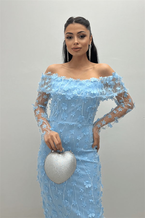 Üç Boyut Çiçekli Kumaş Kayık Yaka Kalem Elbise - BUZ MAVİ