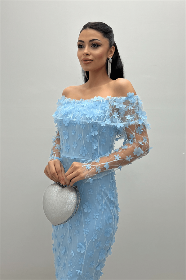 Üç Boyut Çiçekli Kumaş Kayık Yaka Kalem Elbise - BUZ MAVİ