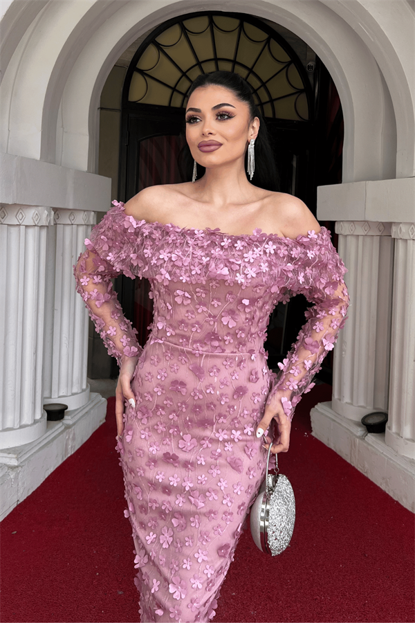 Üç Boyut Çiçekli Kumaş Kayık Yaka Kalem Elbise - PUDRA