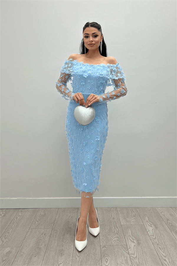 Üç Boyut Çiçekli Kumaş Kayık Yaka Kalem Elbise - BUZ MAVİ