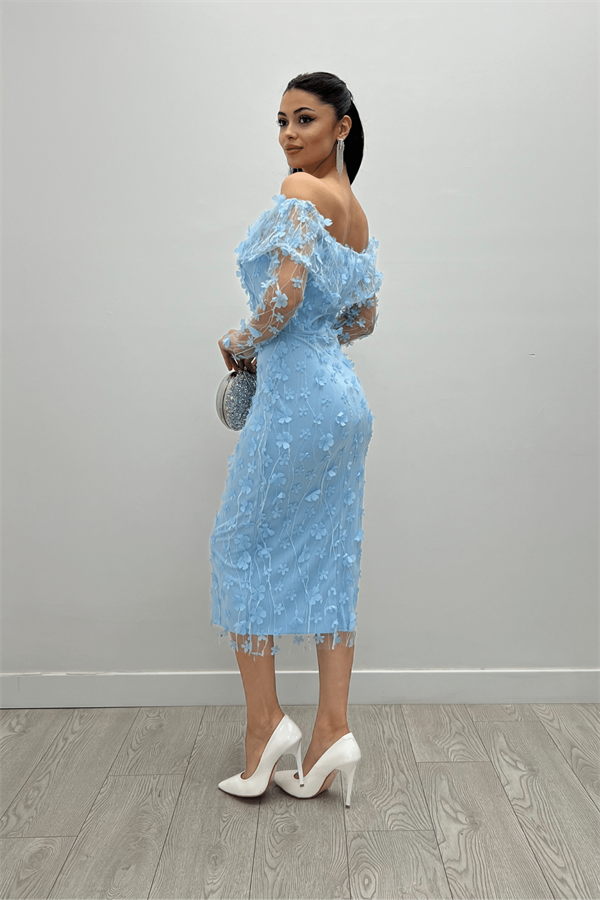 Üç Boyut Çiçekli Kumaş Kayık Yaka Kalem Elbise - BUZ MAVİ