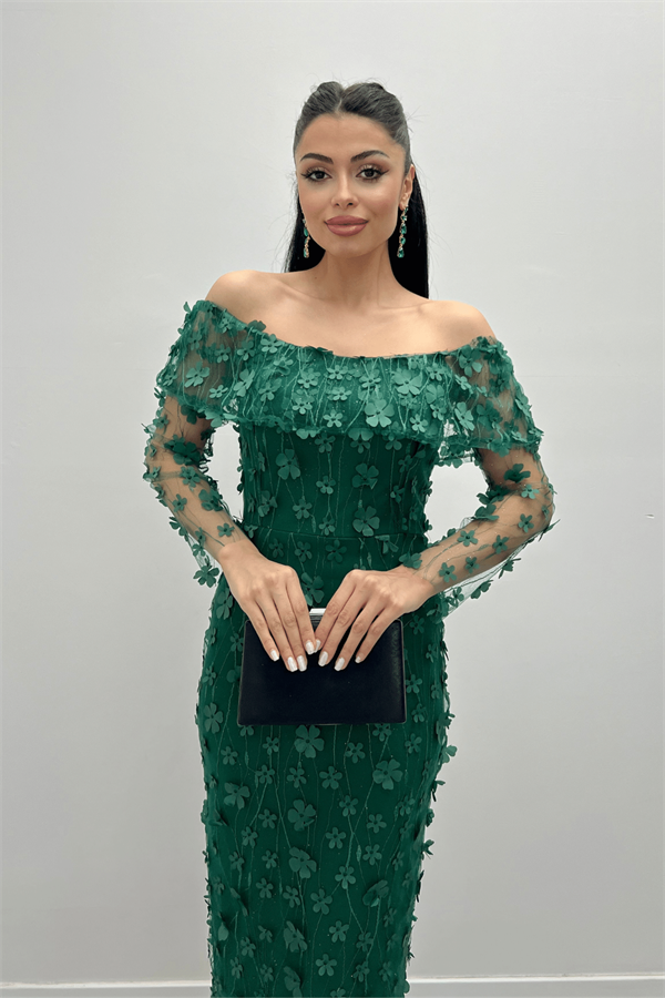 Üç Boyut Çiçekli Kumaş Kayık Yaka Kalem Elbise - ZÜMRÜT YEŞİL