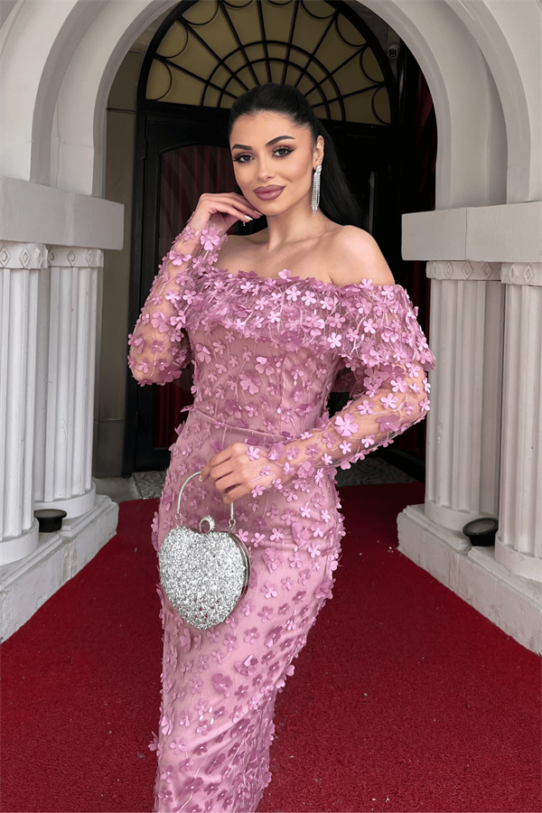 Üç Boyut Çiçekli Kumaş Kayık Yaka Kalem Elbise - PUDRA