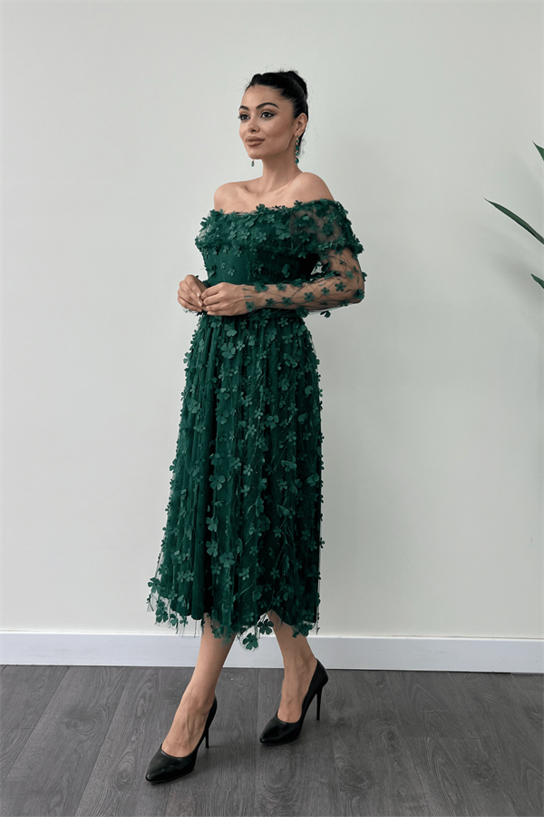 Üç Boyut Çiçekli Kumaş Kayık Yaka Midi Elbise - ZÜMRÜT YEŞİL