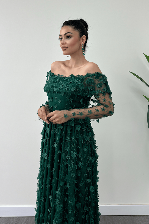 Üç Boyut Çiçekli Kumaş Kayık Yaka Midi Elbise - ZÜMRÜT YEŞİL