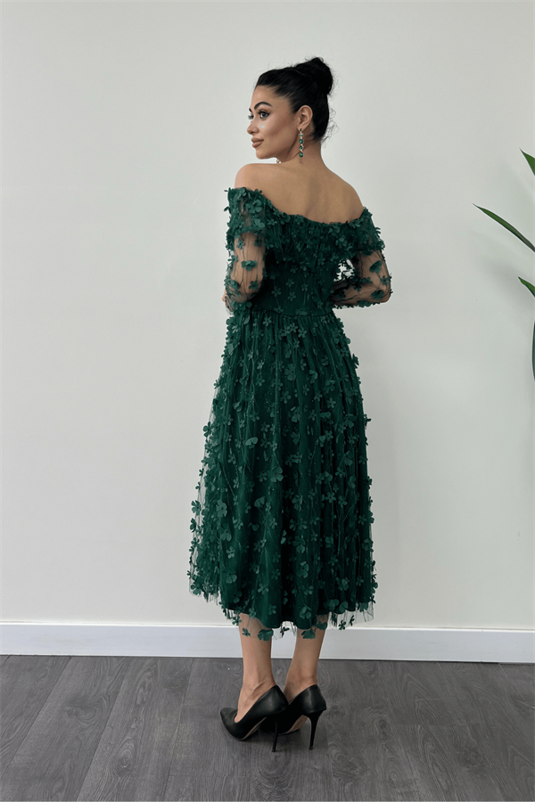 Üç Boyut Çiçekli Kumaş Kayık Yaka Midi Elbise - ZÜMRÜT YEŞİL