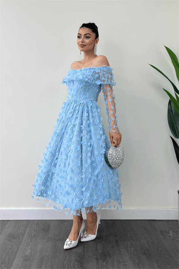 Üç Boyut Çiçekli Kumaş Kayık Yaka Midi Elbise - BUZ MAVİ