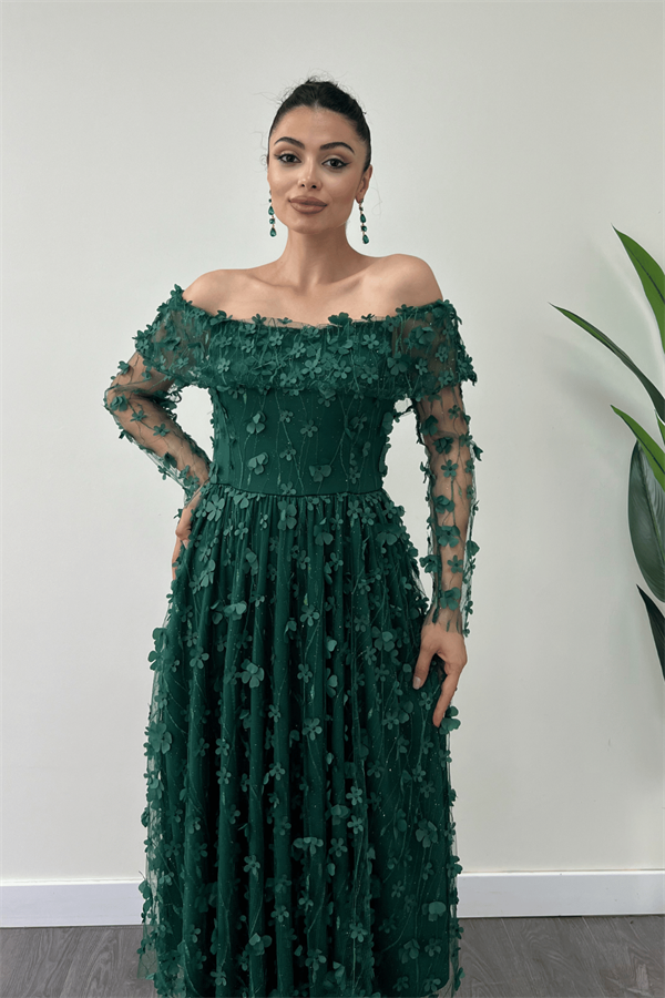 Üç Boyut Çiçekli Kumaş Kayık Yaka Midi Elbise - ZÜMRÜT YEŞİL