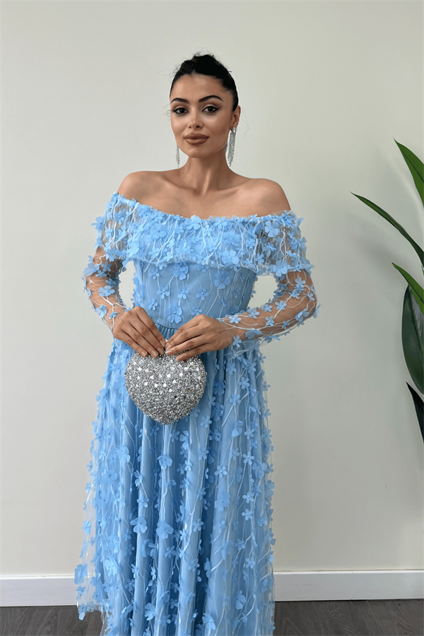 Üç Boyut Çiçekli Kumaş Kayık Yaka Midi Elbise - BUZ MAVİ