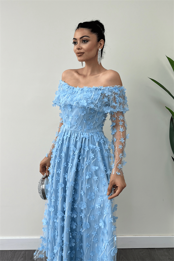 Üç Boyut Çiçekli Kumaş Kayık Yaka Midi Elbise - BUZ MAVİ