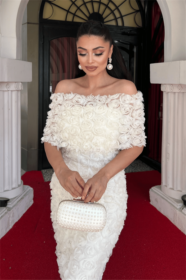 Üç Boyutlu Kumaş Bolero Detaylı Kalem Elbise - KREM