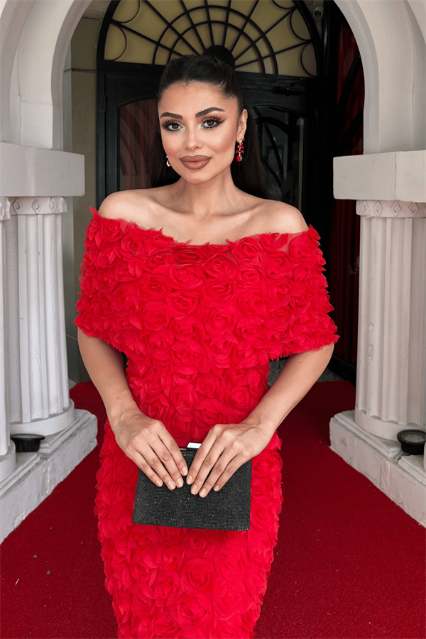 Üç Boyutlu Kumaş Bolero Detaylı Kalem Elbise - KIRMIZI