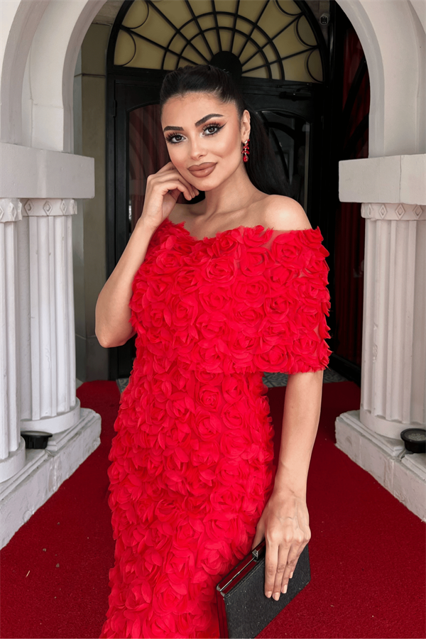 Üç Boyutlu Kumaş Bolero Detaylı Kalem Elbise - KIRMIZI