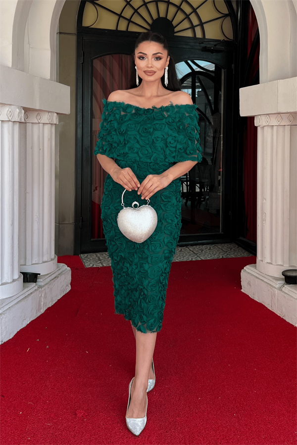 Üç Boyutlu Kumaş Bolero Detaylı Kalem Elbise - ZÜMRÜT YEŞİL