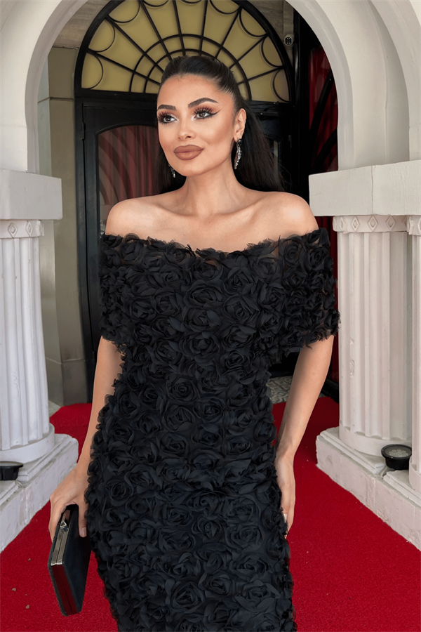 Üç Boyutlu Kumaş Bolero Detaylı Kalem Elbise - SİYAH