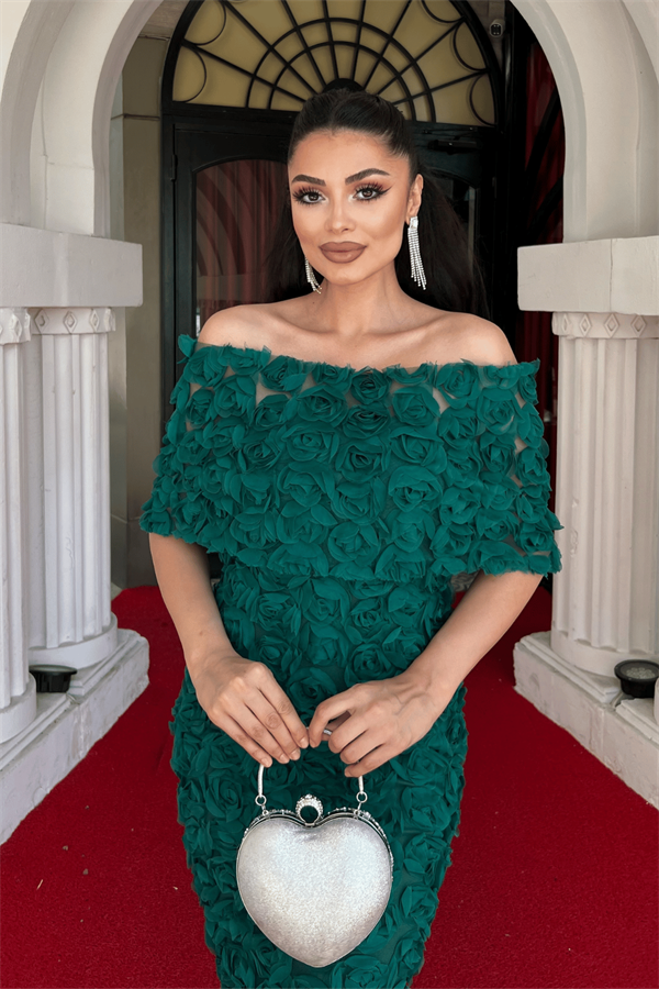 Üç Boyutlu Kumaş Bolero Detaylı Kalem Elbise - ZÜMRÜT YEŞİL