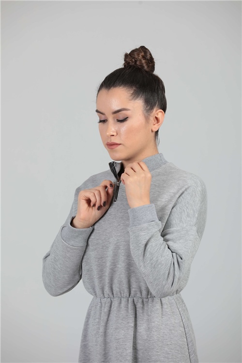 Three Yarn Zipper Detailed Dress - Gray