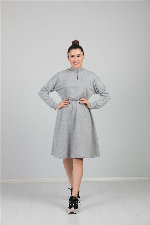 Three Yarn Zipper Detailed Dress - Gray