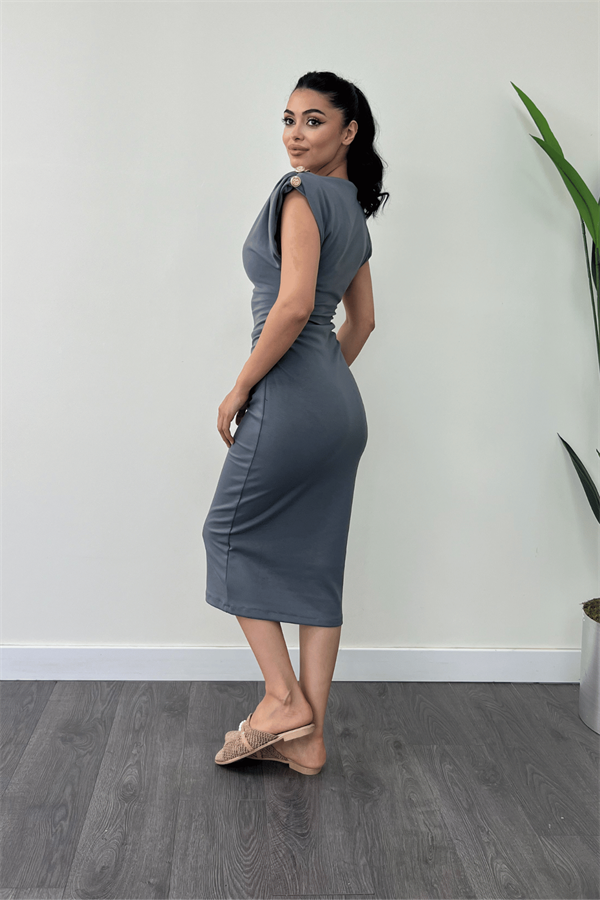 Penye Kumaş Omuz Detaylı Büzgülü Kalem Elbise - ANTRASİT