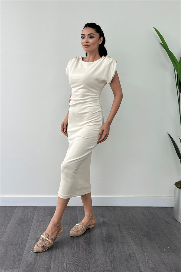 Penye Kumaş Omuz Detaylı Büzgülü Kalem Elbise - KREM
