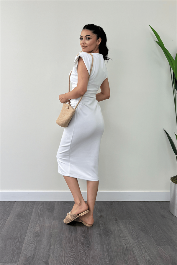 Penye Kumaş Omuz Detaylı Büzgülü Kalem Elbise - BEYAZ