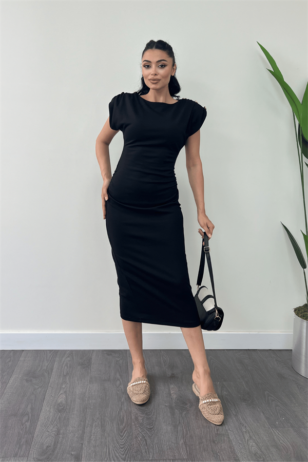 Penye Kumaş Omuz Detaylı Büzgülü Kalem Elbise - SİYAH