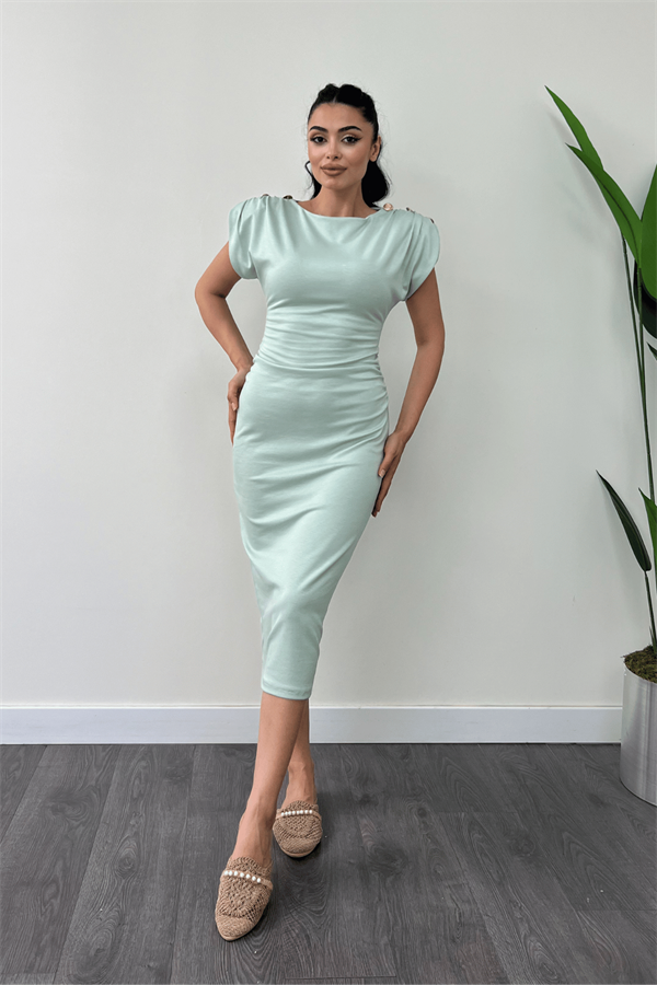 Penye Kumaş Omuz Detaylı Büzgülü Kalem Elbise - YEŞİL