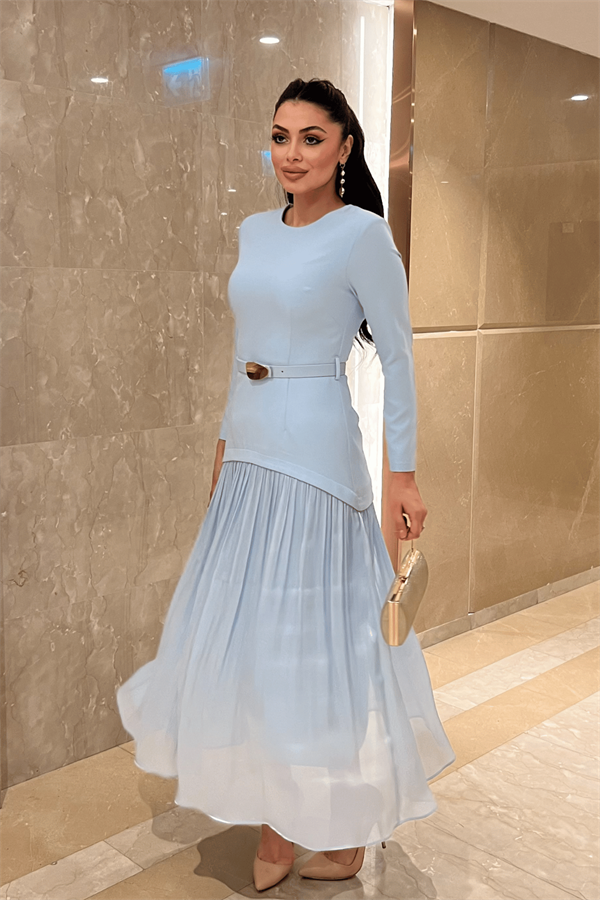 Üst Atlas Alt Şifon Kumaş Elbise - BEBE MAVİSİ