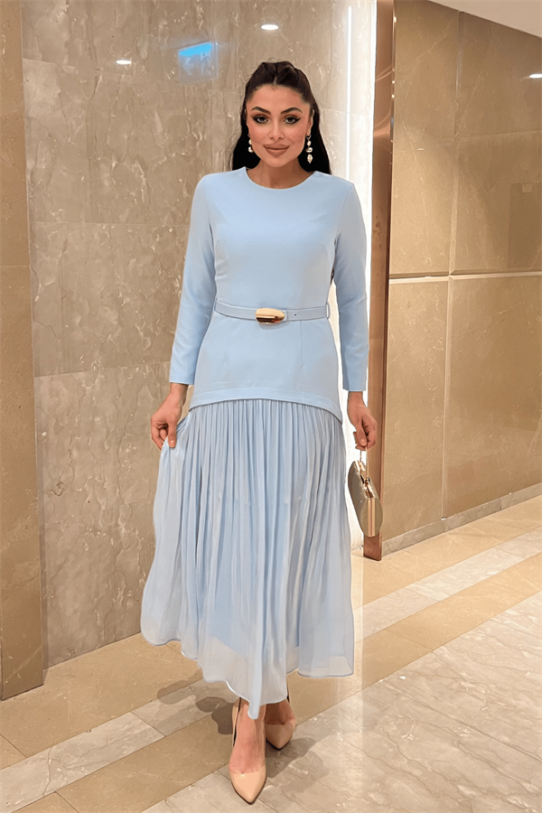 Üst Atlas Alt Şifon Kumaş Elbise - BEBE MAVİSİ