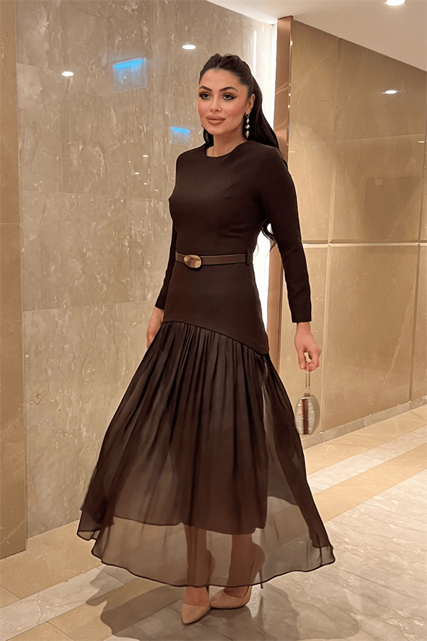 Üst Atlas Alt Şifon Kumaş Elbise - KAHVERENGİ