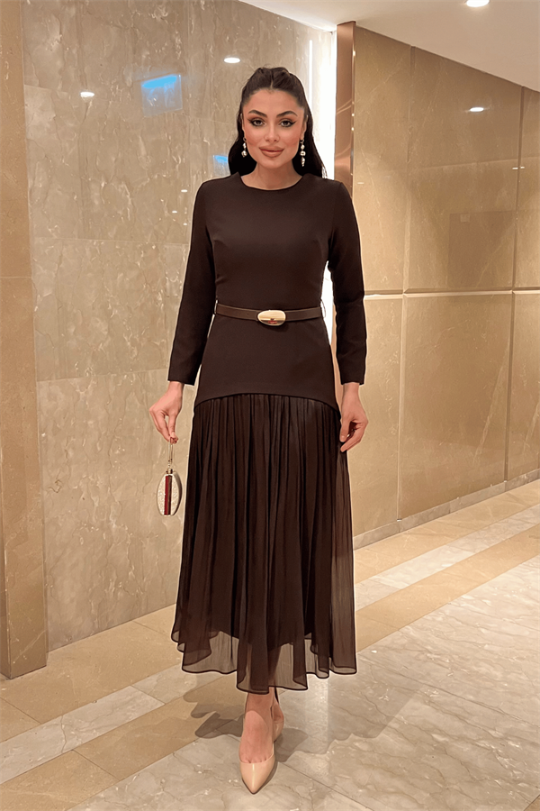 Üst Atlas Alt Şifon Kumaş Elbise - KAHVERENGİ