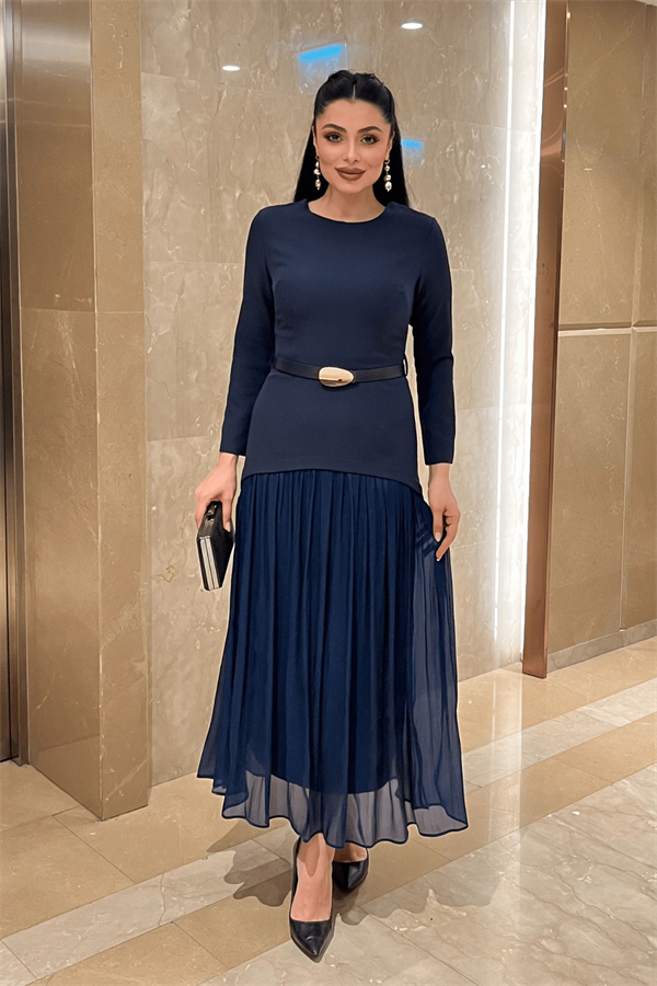Üst Atlas Alt Şifon Kumaş Elbise - LACİVERT