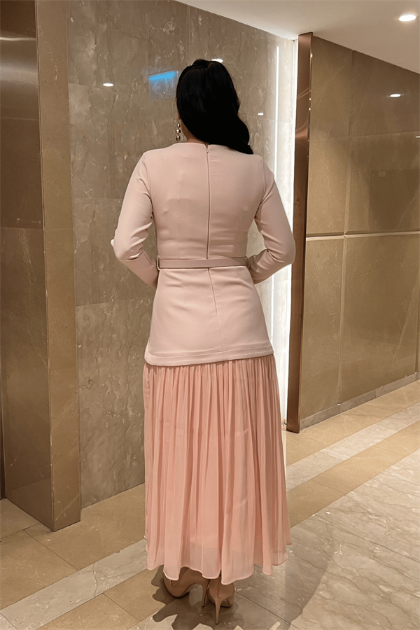 Üst Atlas Alt Şifon Kumaş Elbise - PEMBE